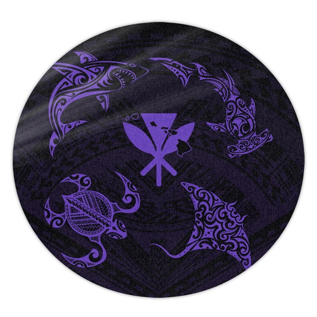 Polynesian Turtle Hammerhead Shark Ray Kanaka Hawaii Round Carpet Circle Purple - AH Round Carpet Luxurious Plush - Polynesian Pride