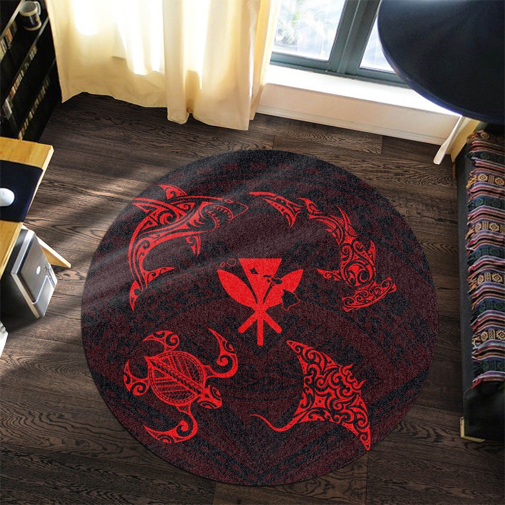 Polynesian Turtle Hammerhead Shark Ray Kanaka Hawaii Round Carpet Circle Red - AH - Polynesian Pride