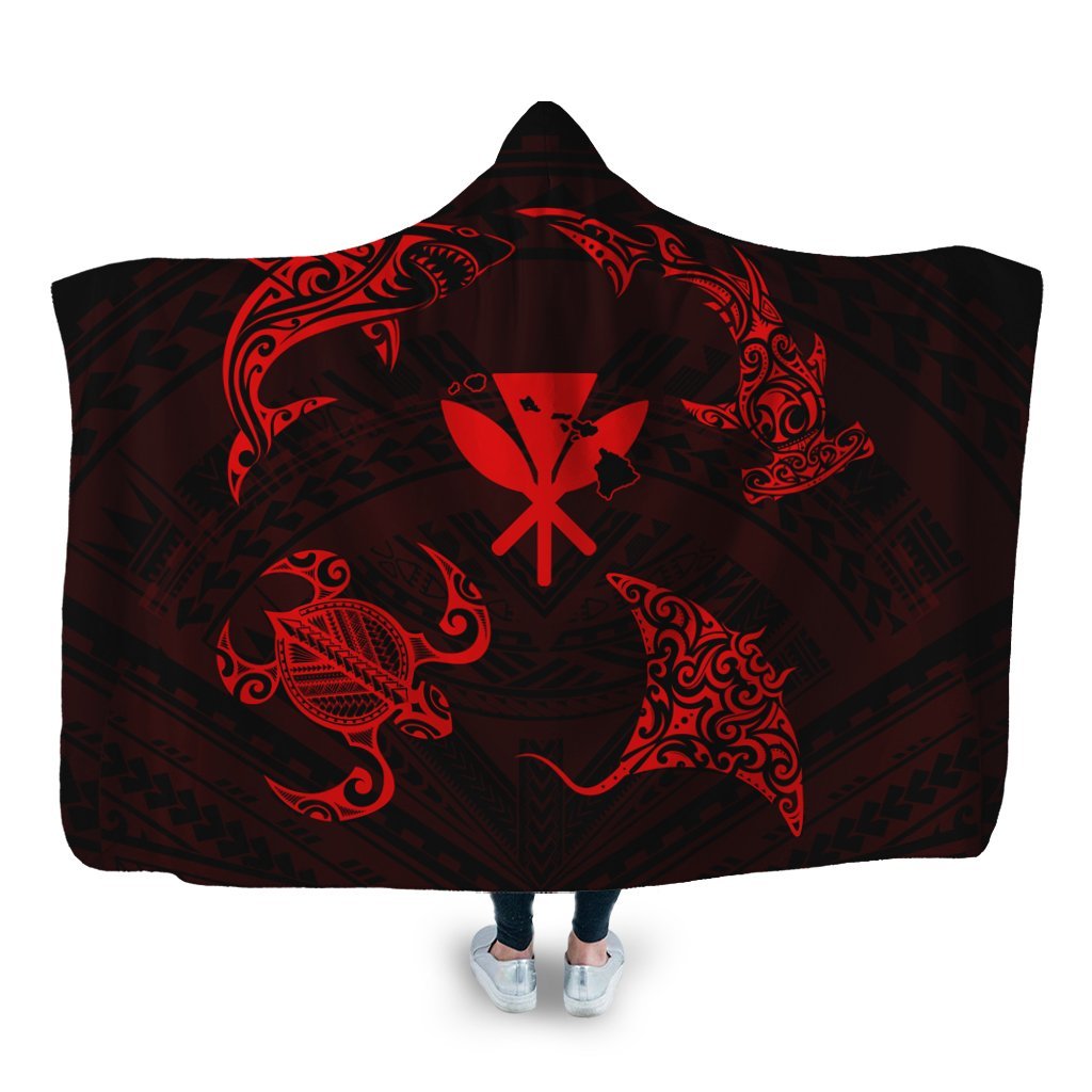 Polynesian Turtle Hammerhead Shark Ray Kanaka Hawaii Hooded Blanket Circle Red - AH Hooded Blanket White - Polynesian Pride