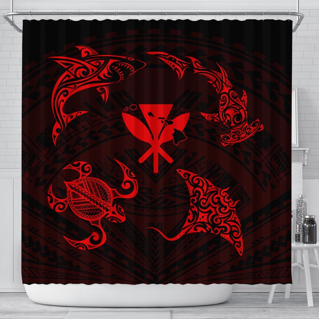 Polynesian Turtle Hammerhead Shark Ray Kanaka Hawaii Shower Curtain Circle Red - AH 177 x 172 (cm) Black - Polynesian Pride