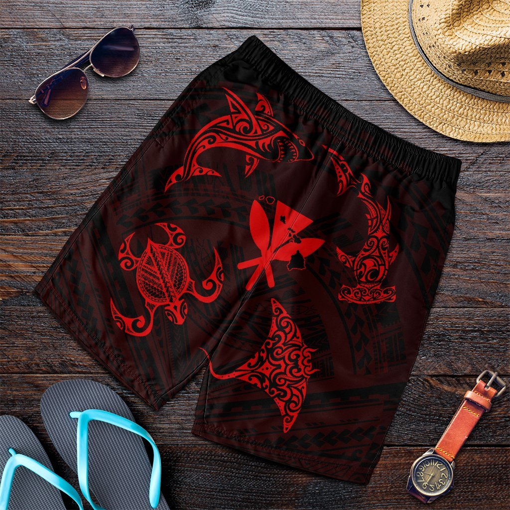 Polynesian Turtle Hammerhead Shark Ray Kanaka Hawaii Men's Shorts Circle Red - AH Art - Polynesian Pride