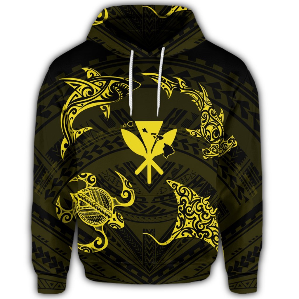 Polynesian Turtle Hammerhead Shark Ray Kanaka Hawaiian Hoodie Circle Yellow - Polynesian Pride