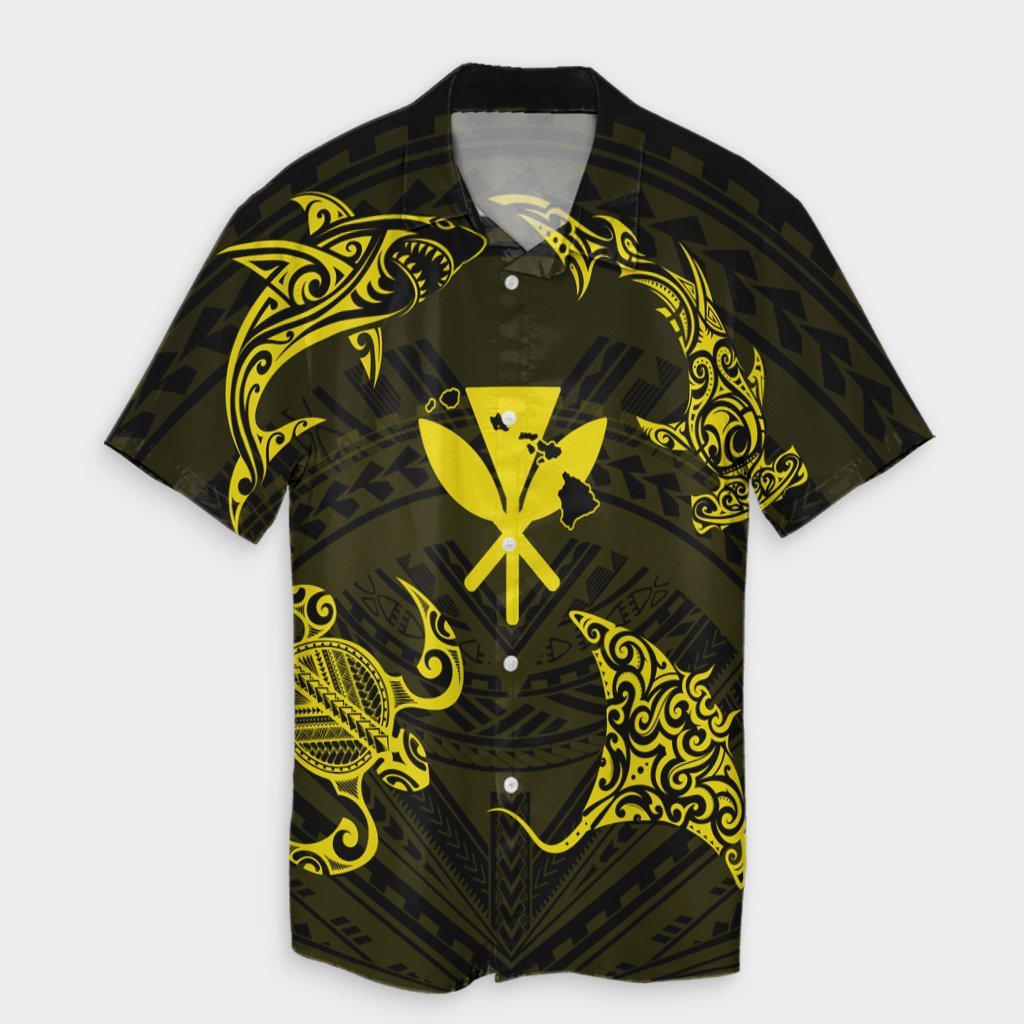 Polynesian Turtle Hammerhead Shark Ray Kanaka Hawaii Hawaiian Shirt Circle Yellow - AH Unisex Black - Polynesian Pride