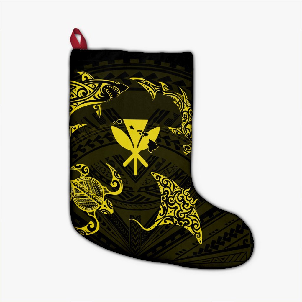 Polynesian Turtle Hammerhead Shark Ray Kanaka Hawaii Christmas Stocking Circle Yellow - AH Christmas Stocking 26 X 42 cm Black - Polynesian Pride