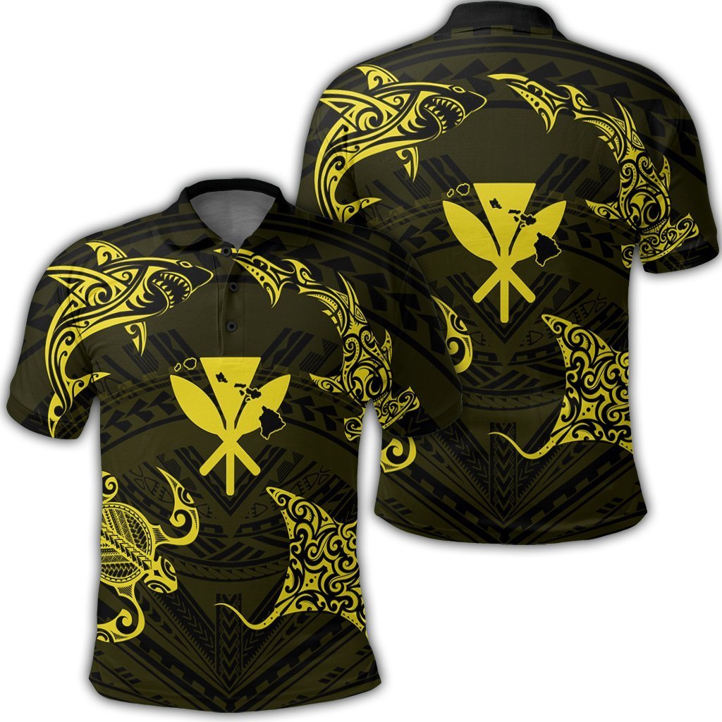 Polynesian Turtle Hammerhead Shark Ray Kanaka Hawaii Polo Shirt Circle Yellow Unisex Black - Polynesian Pride