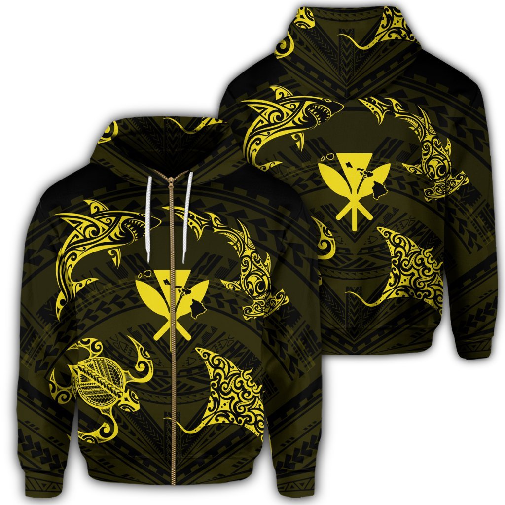 Polynesian Turtle Hammerhead Shark Ray Kanaka Hawaii Zip Hoodie Circle Yellow Unisex Art - Polynesian Pride