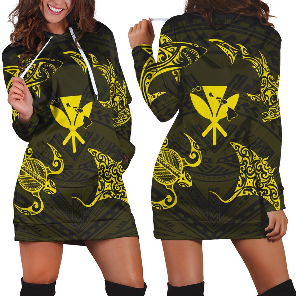 Polynesian Turtle Hammerhead Shark Ray Kanaka Hawaii Hoodie Dress Circle Yellow - AH Black - Polynesian Pride