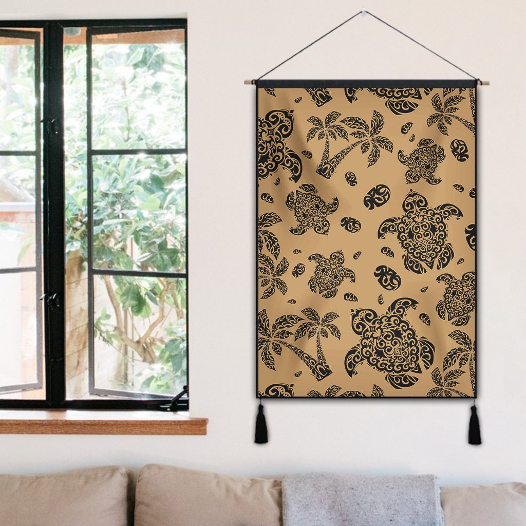 Polynesian Turtle Palm And Sea Pebbles Gold Hanging Poster - AH Hanging Poster 50 x 75 cm Cotton And Linen - Polynesian Pride