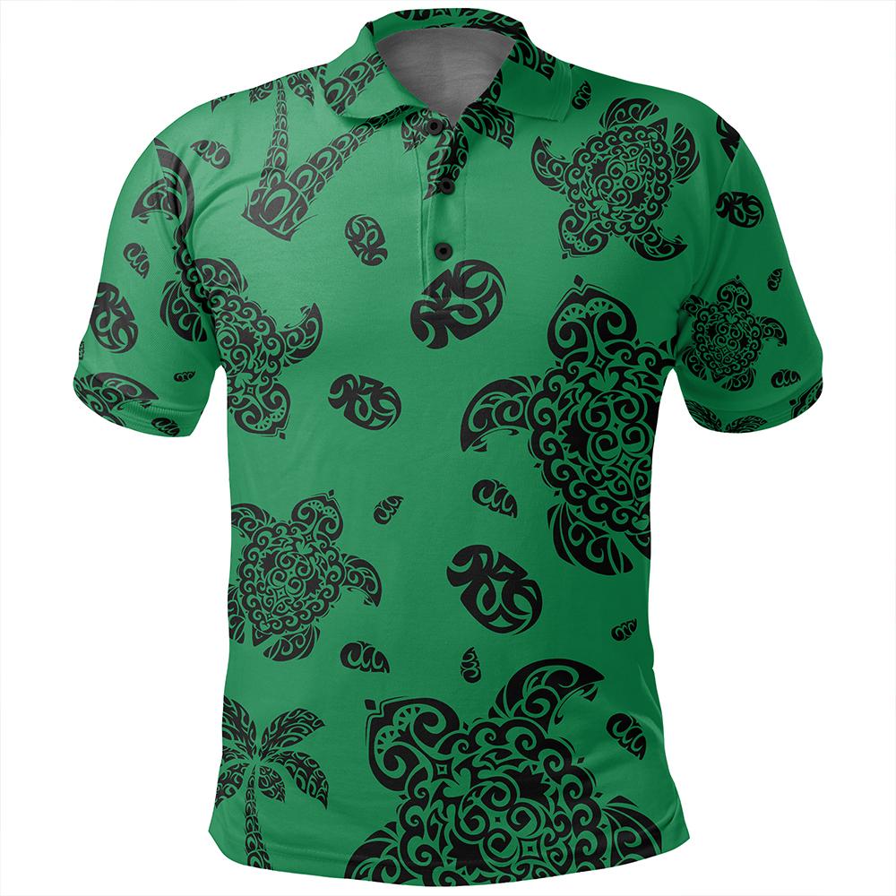 Unisex Polynesian Turtle Palm and Sea Pebbles Green Polo Shirt - Polynesian Pride