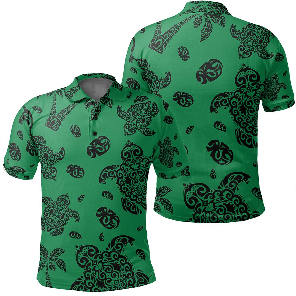 Unisex Polynesian Turtle Palm and Sea Pebbles Green Polo Shirt Unisex Art - Polynesian Pride