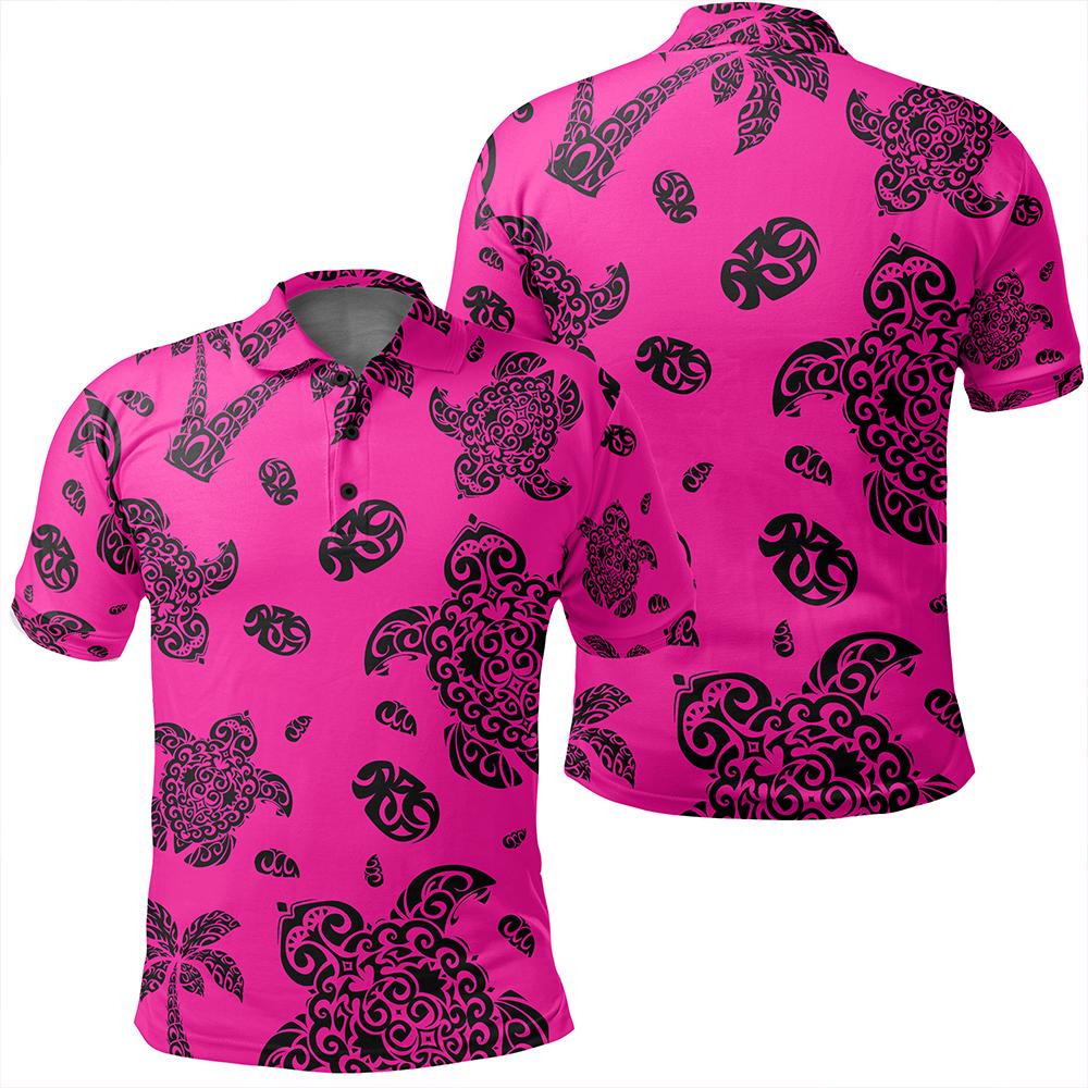 Unisex Polynesian Turtle Palm and Sea Pebbles Pink Polo Shirt Unisex Art - Polynesian Pride