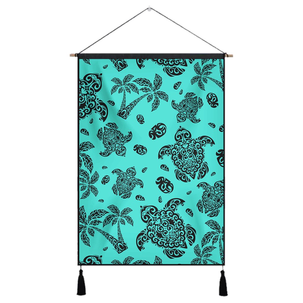 Polynesian Turtle Palm And Sea Pebbles Turquoise Hanging Poster - AH Hanging Poster 43 x 65 cm Cotton And Linen - Polynesian Pride