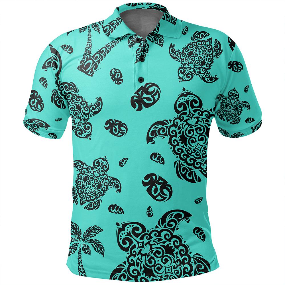 Unisex Polynesian Turtle Palm and Sea Pebbles Turquoise Polo Shirt - Polynesian Pride
