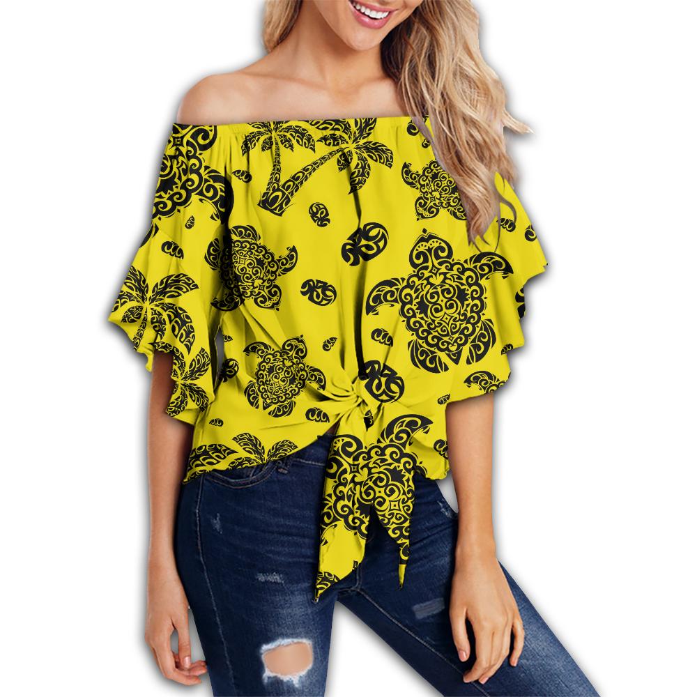 Polynesian Turtle Palm And Sea Pebbles Yellow Hawaii Women's Off Shoulder Wrap Waist Top Yellow Female - Polynesian Pride