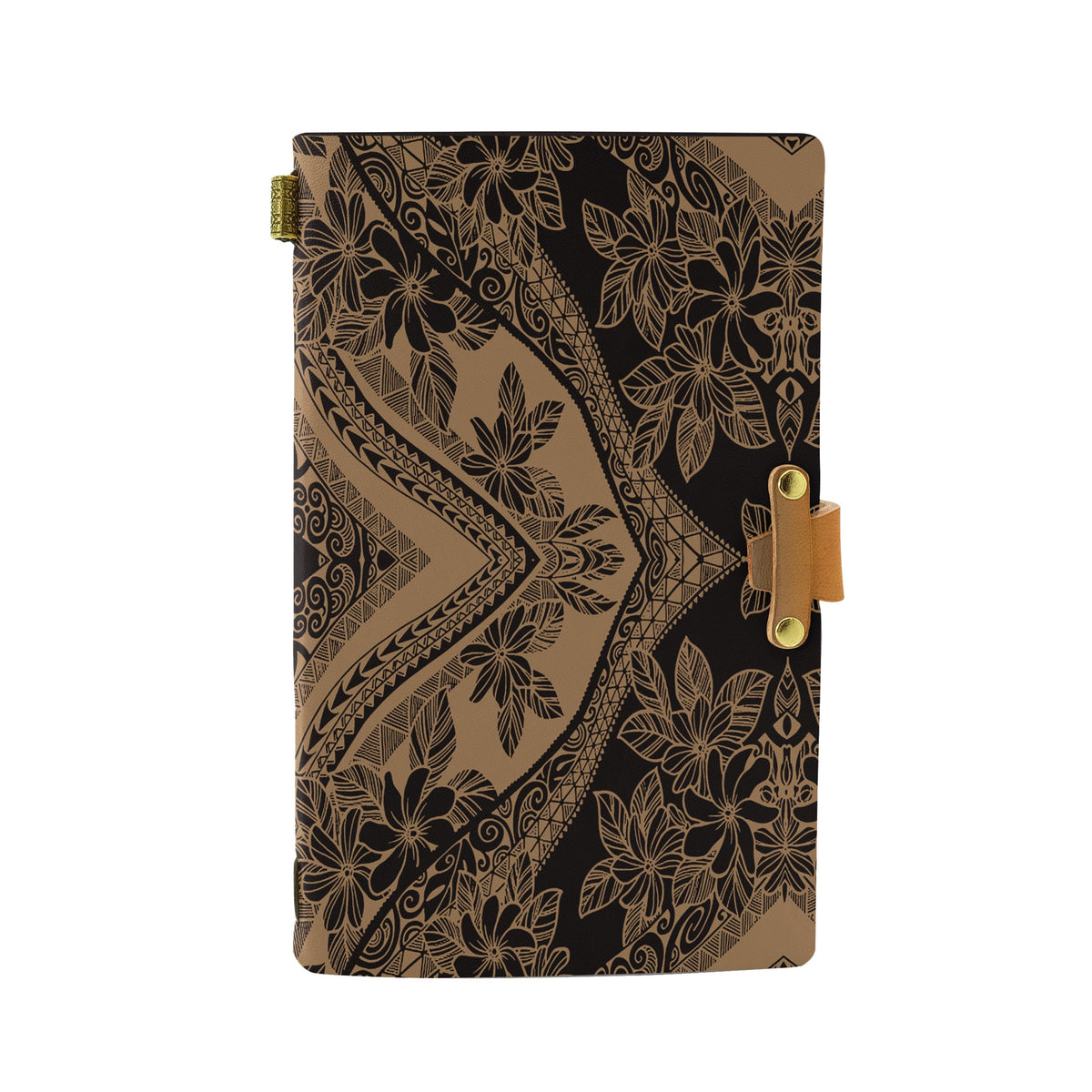Hawaii Polynesian Plumeria Mix Gold Black Leather Notebook Leather Black - Polynesian Pride