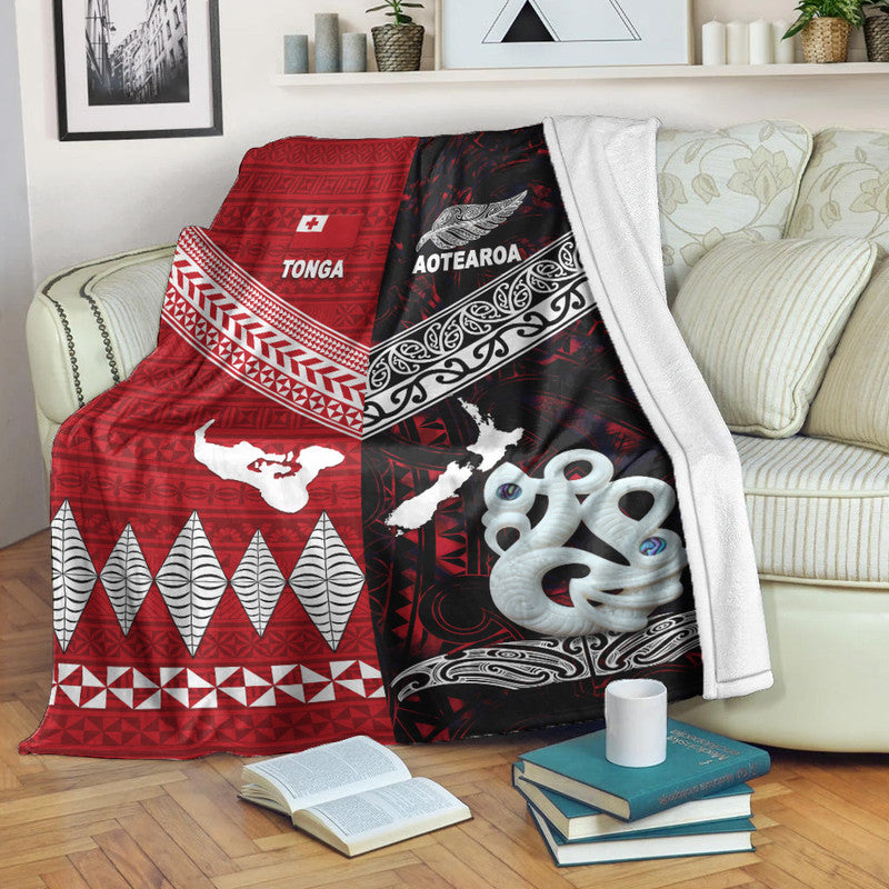 New Zealand And Tonga Premium Blanket Together - Red LT8 White - Polynesian Pride