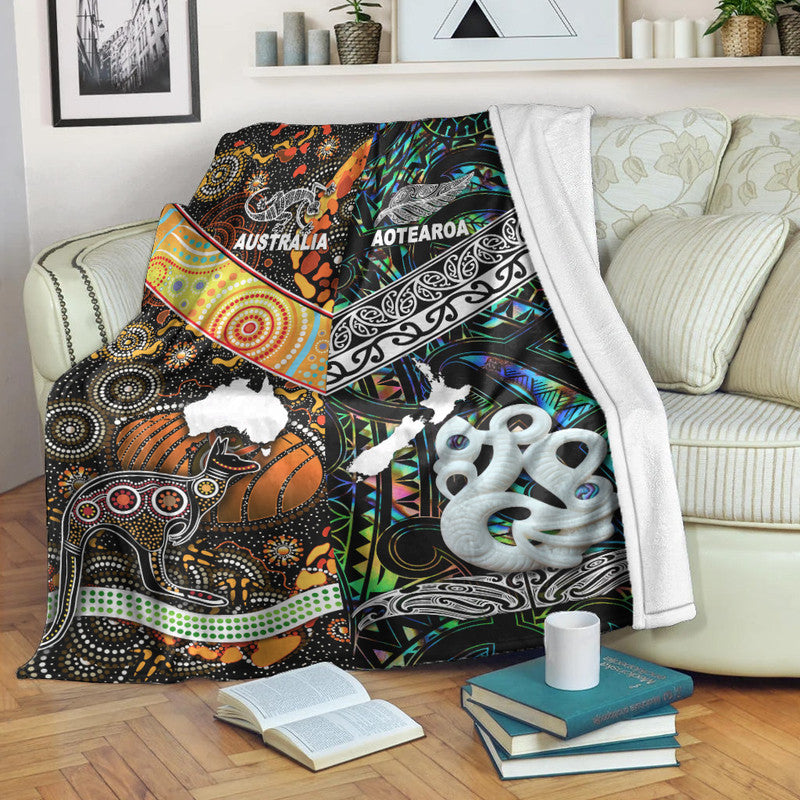 New Zealand Maori Aotearoa And Australia Aboriginal Premium Blanket Together - Paua Shell LT8 White - Polynesian Pride