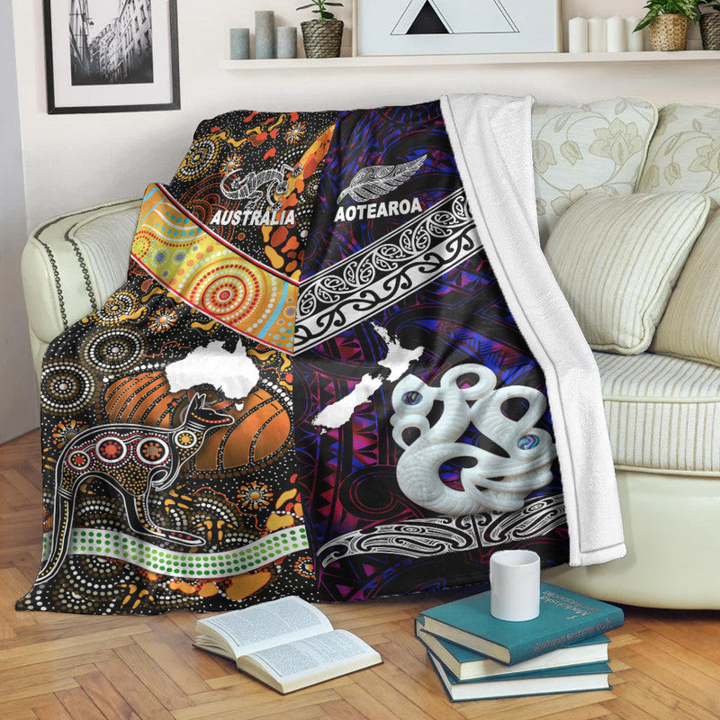 New Zealand Maori Aotearoa And Australia Aboriginal Premium Blanket Together - Purple LT8 White - Polynesian Pride