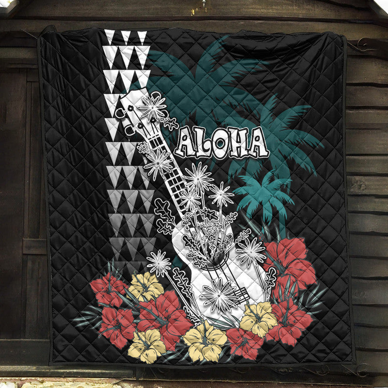 Hawaii Ukulele Mix Hibiscus and Coconut Tree Premium Quilt Aloha Vintage Black Version LT9 Black - Polynesian Pride