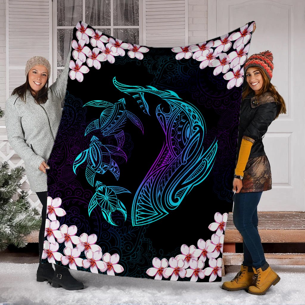 Hawaiian Shark Turtle Plumeria Premium Blanket - Black - Zelda Style - AH White - Polynesian Pride