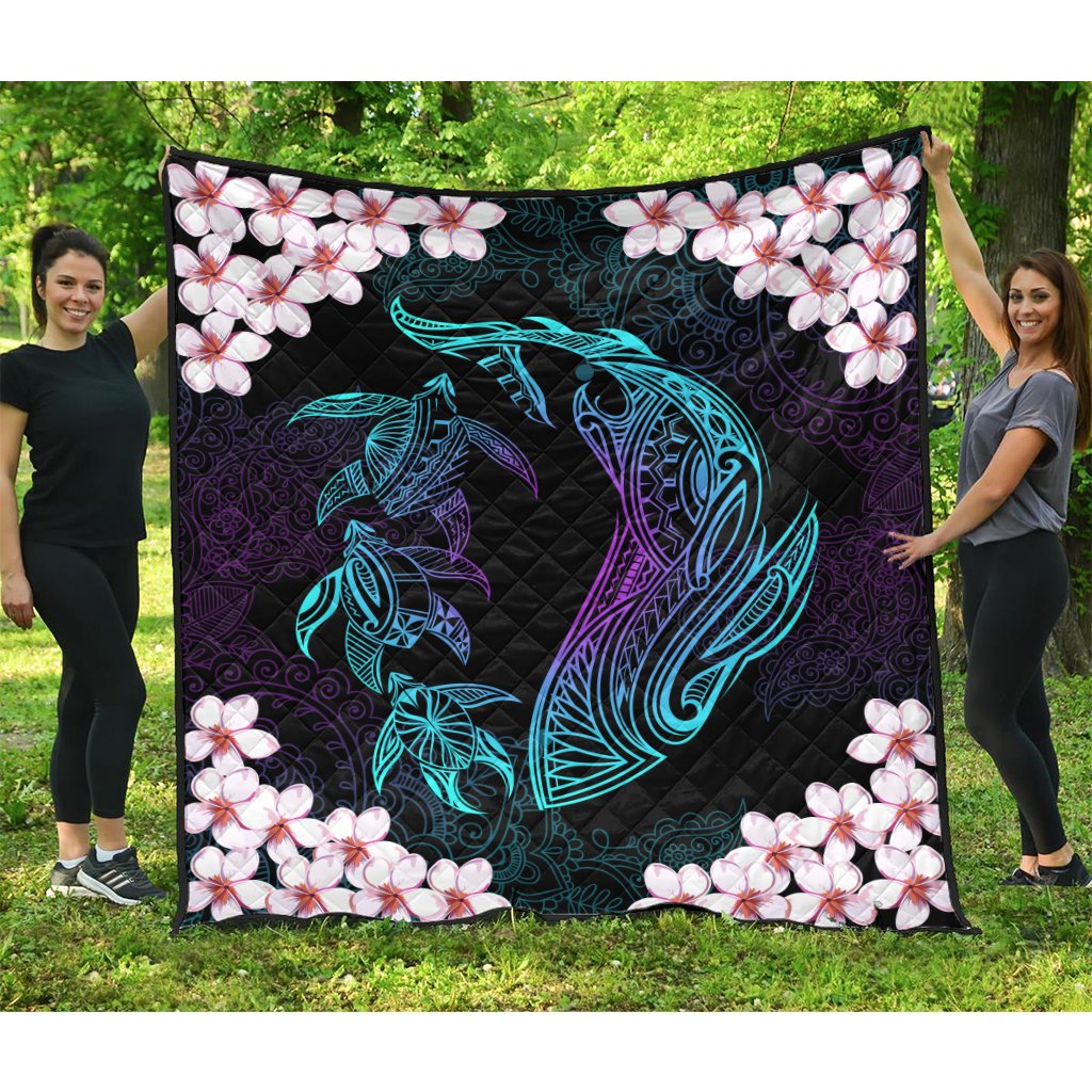 Hawaiian Shark Turtle Plumeria Premium Quilt - Black - Zelda Style - AH Blue - Polynesian Pride