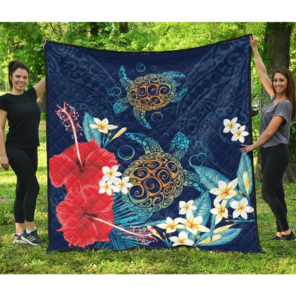 Hawaiian Turtle Hibiscus Polynesian Premium Quilt - Blue - Edna Style - AH Blue - Polynesian Pride