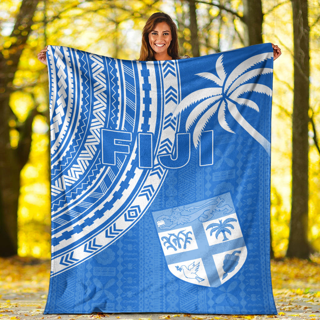 Fiji Rugby Sevens Premium Blanket Fijian 7s Tapa Polynesian Blue Ver.01 LT13 White - Polynesian Pride