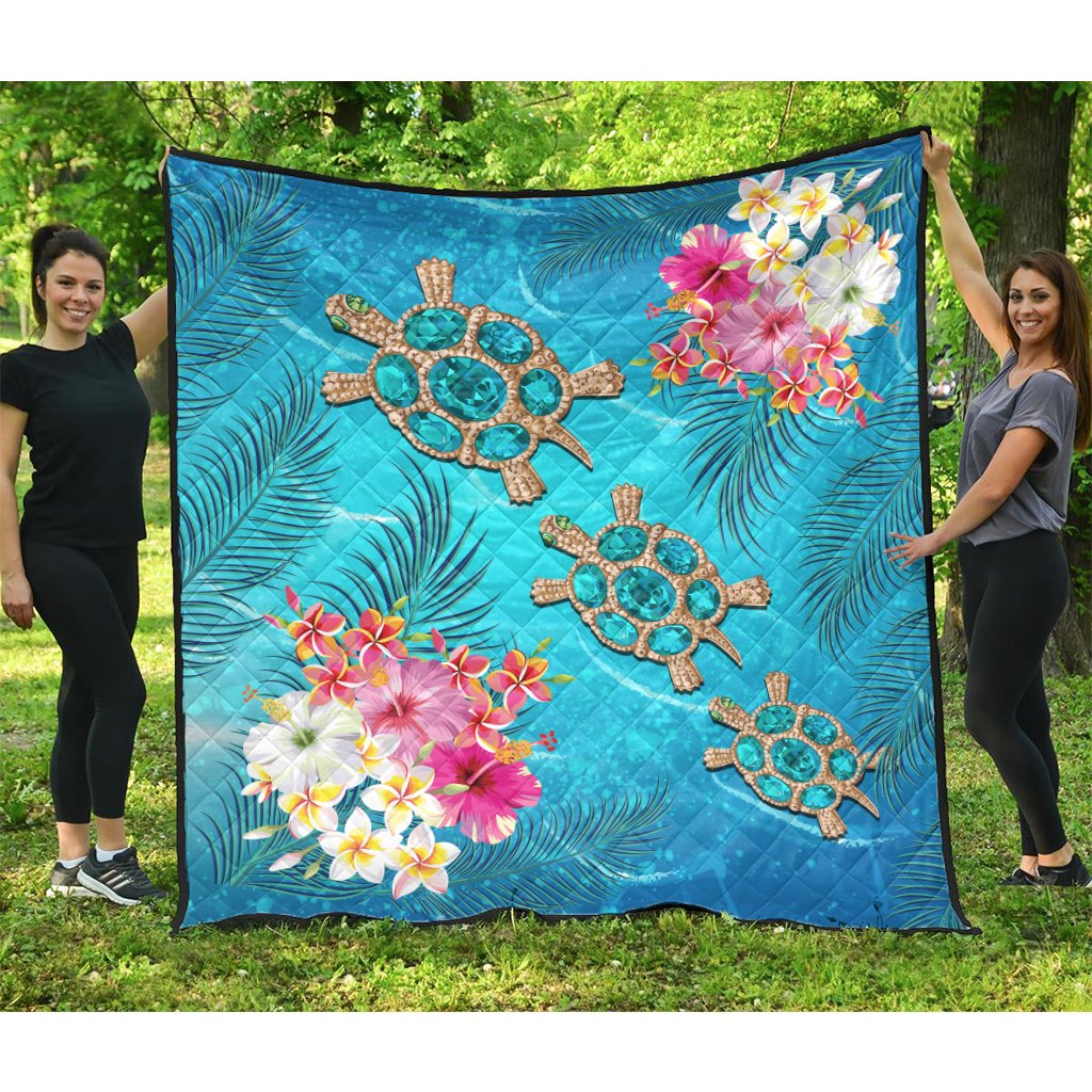 Hawaii Turtle Ocean Tropical Flowers Premium Quilt - Siri Style - AH Blue - Polynesian Pride