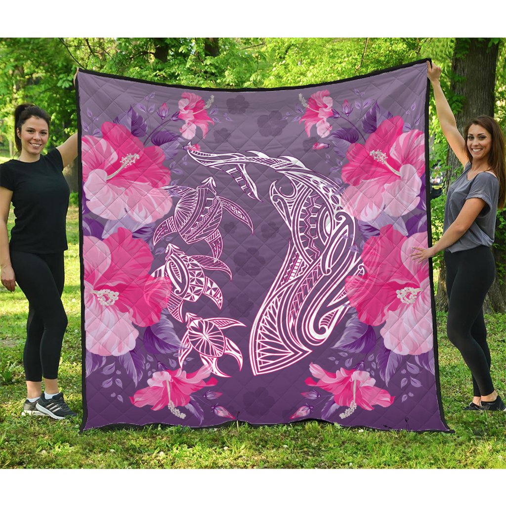 Hawaii Shark Turtle Hibiscus Premium Quilt - Wreath Style - AH Purple - Polynesian Pride