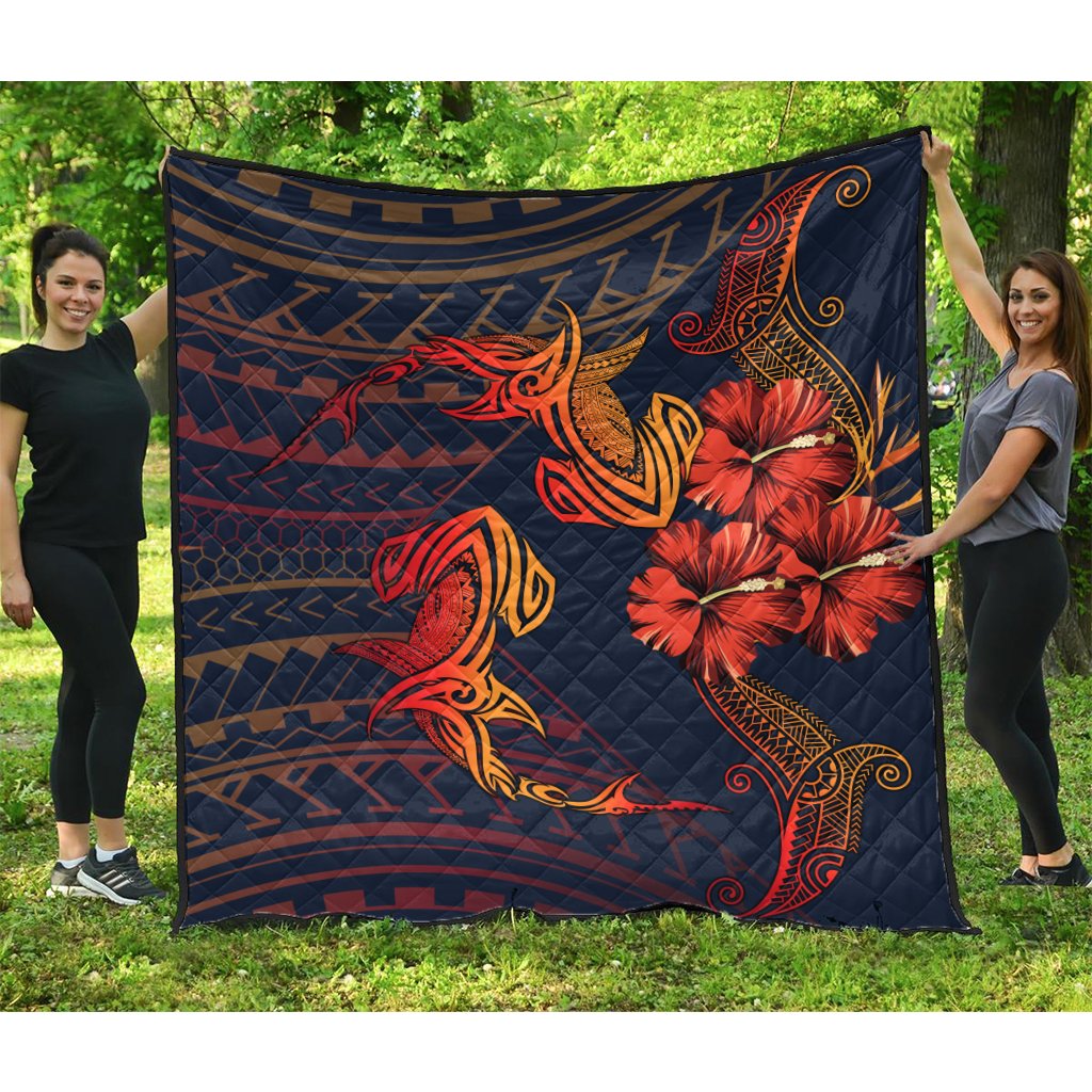 Hawaii Couple Shark Hibiscus Polynesian Premium Quilt - Mina Style - AH Blue - Polynesian Pride