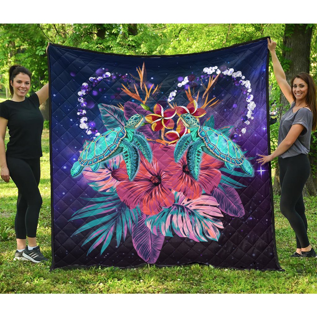 Hawaii Couple Turtle Hibiscus Tropical Premium Quilt - Huxley Style - AH Purple - Polynesian Pride