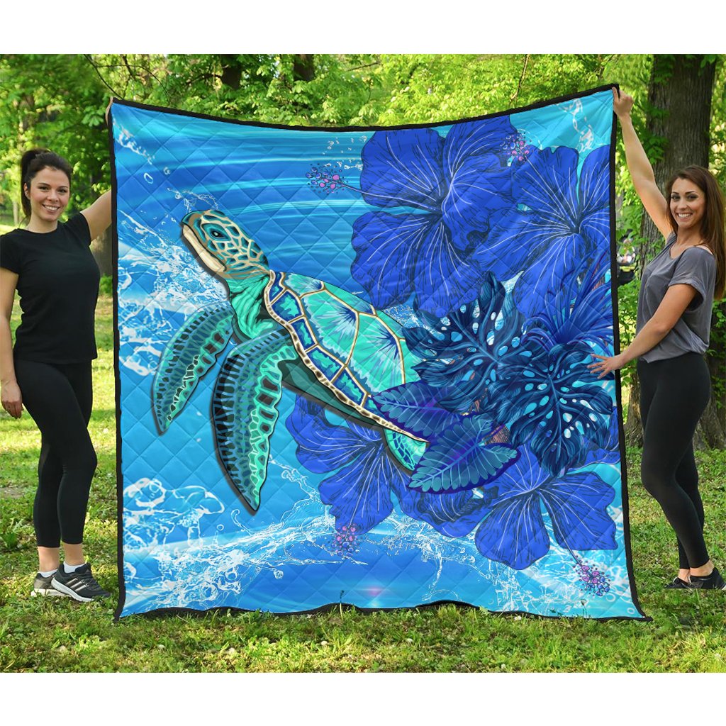 Hawaii Turtle Hibiscus Ocean Premium Quilt - Lingi Style - AH Blue - Polynesian Pride