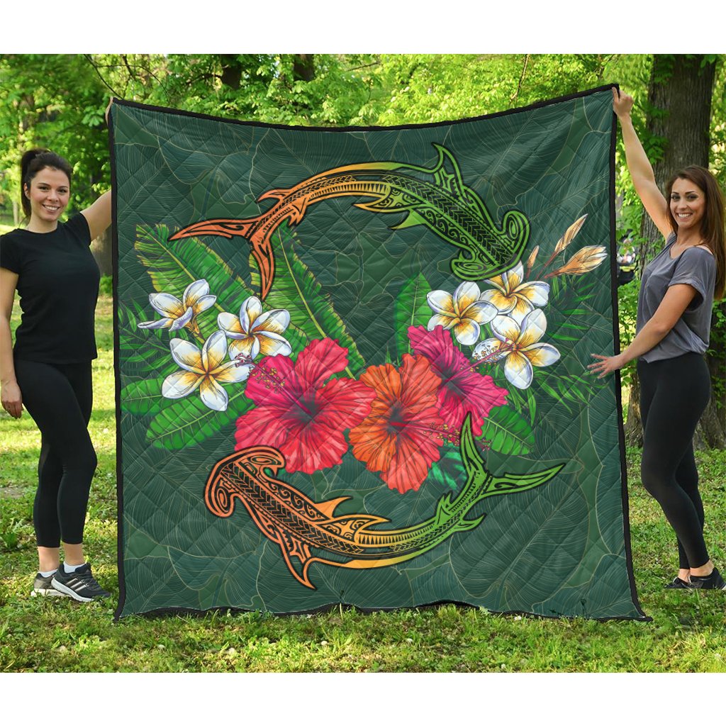 Hawaii Shark Hibiscus Tropical Polynesian Premium Quilt - Arian Style - AH Green - Polynesian Pride