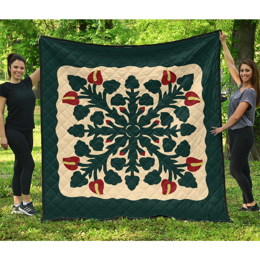 Hawaiian Quilt Anthurium Flowers Premium Quilt - AH Green - Polynesian Pride