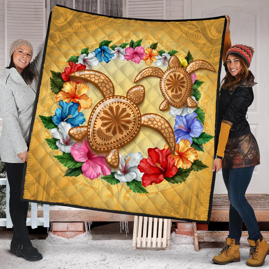 Hawaii Turtle Hibiscus Wreath Polynesian Premium Quilt - Crown Style - AH - Polynesian Pride