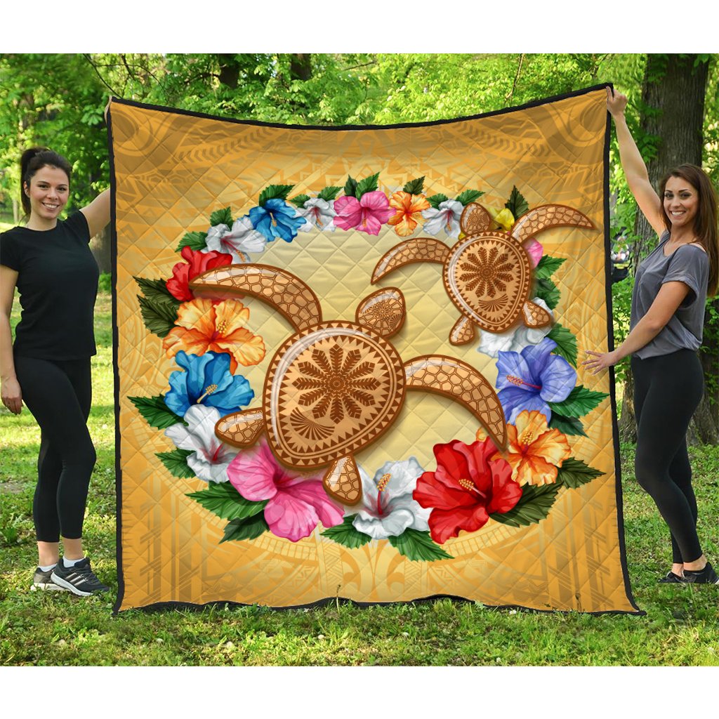 Hawaii Turtle Hibiscus Wreath Polynesian Premium Quilt - Crown Style - AH Gold - Polynesian Pride