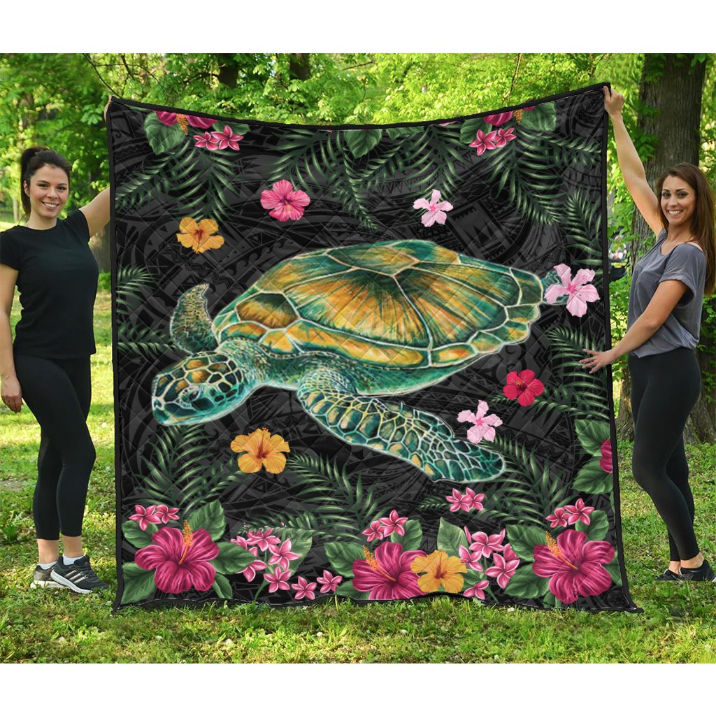 Aloha Turtle Hibiscus Tropical Polynesian Premium Quilt - Yam - AH Black - Polynesian Pride