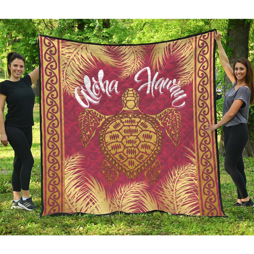 Hawaii Turtle Gold Tropical Leaves Polynesian Premium Quilt - Royal Style - AH Red - Polynesian Pride