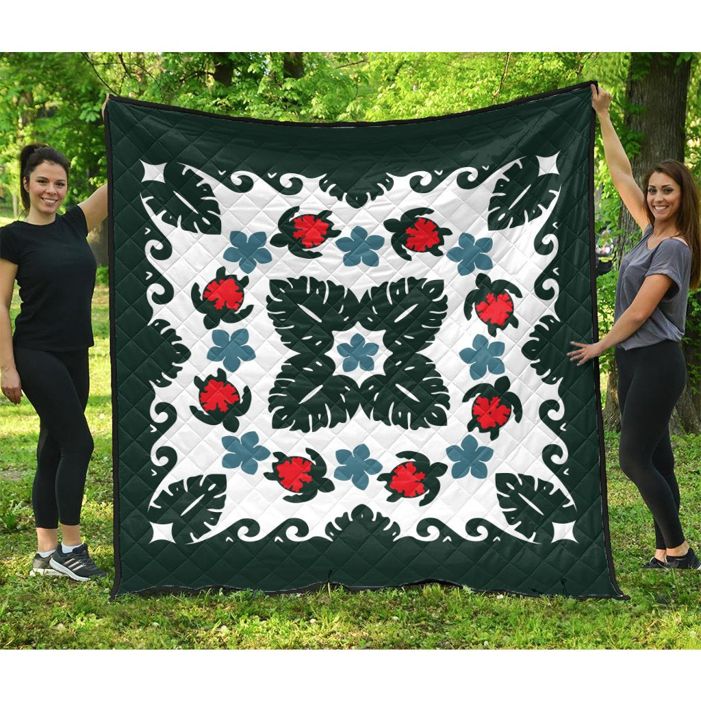 Hawaiian Quilt Monstera Leaves And Turtle Premium Quilt - AH Green - Polynesian Pride