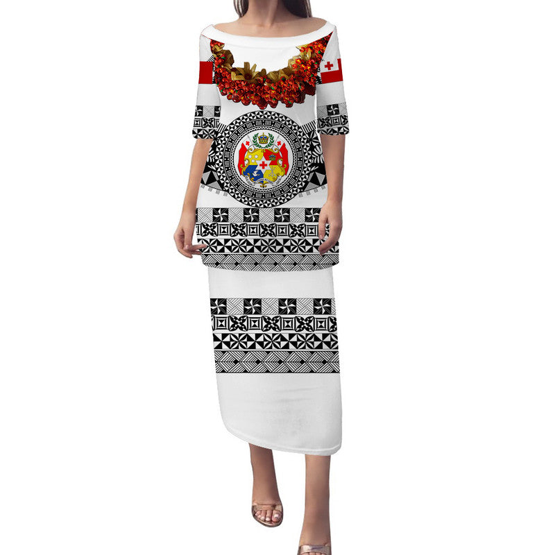 (Custom Personalised) Tonga Emancipation Day Puletaha Dress Independence Day - Fancy Kahoa Heilala Flower - White Black LT8 Long Dress White - Polynesian Pride