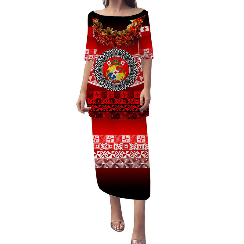 (Custom Personalised) Tonga Emancipation Day Puletaha Dress Independence Day - Fancy Kahoa Heilala Flower - Gradient LT8 Long Dress Black - Polynesian Pride