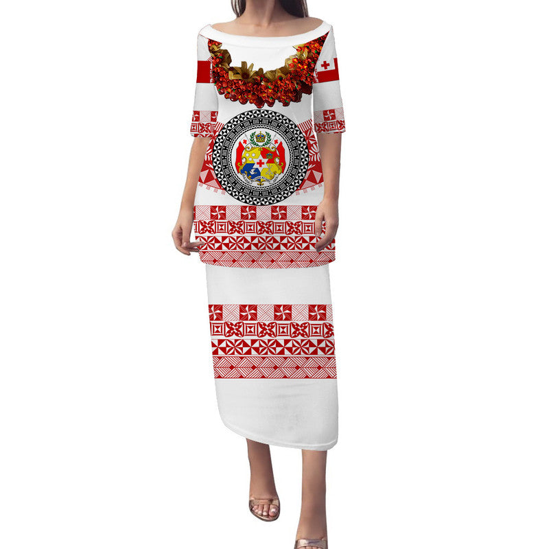 (Custom Personalised) Tonga Emancipation Day Puletaha Dress Independence Day - Fancy Kahoa Heilala Flower - White Red LT8 Long Dress White - Polynesian Pride