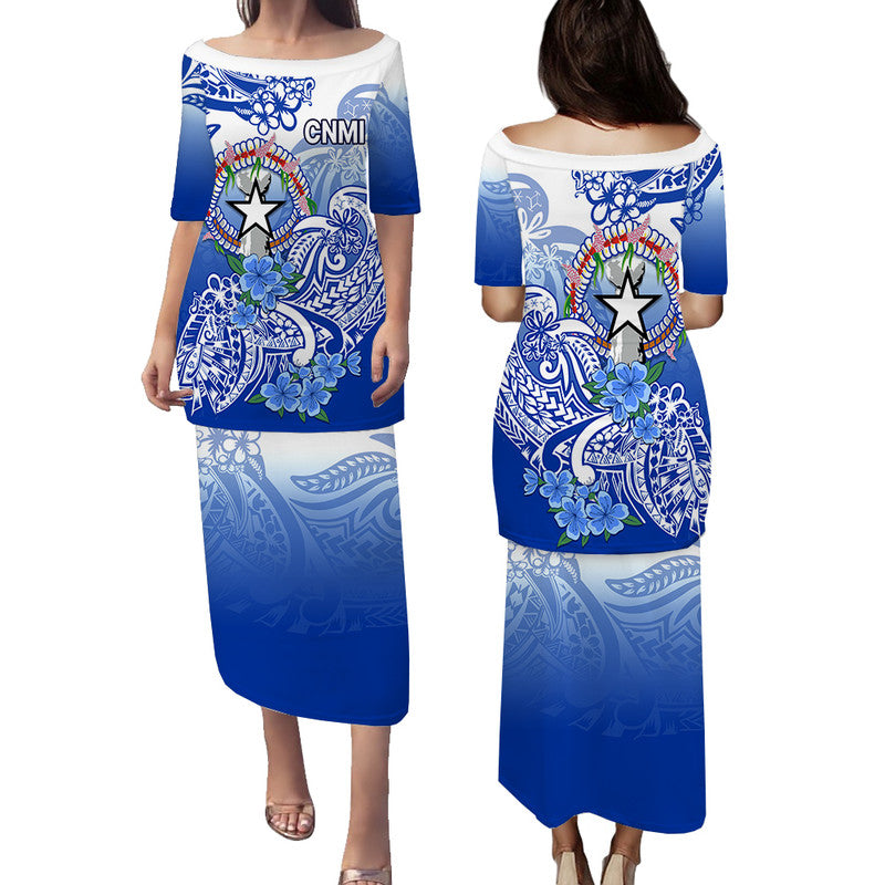 Northern Mariana Islands Puletasi Dress Polynesian Floral Tribal LT9 Long Dress Blue - Polynesian Pride