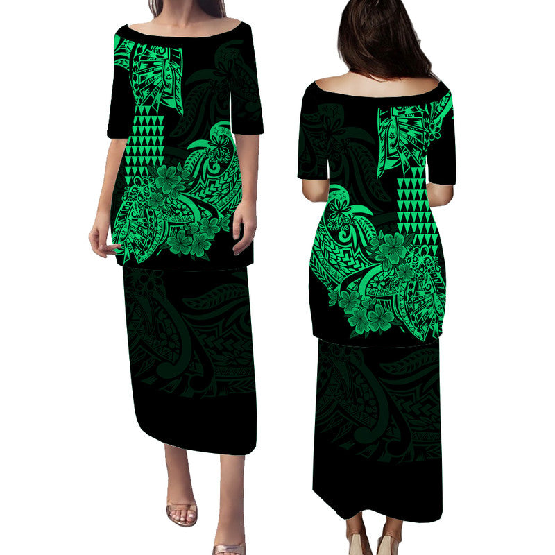 Hawaii Kakau Puletasi Dress Polynesian Floral Tribal Green Version LT9 Long Dress Green - Polynesian Pride