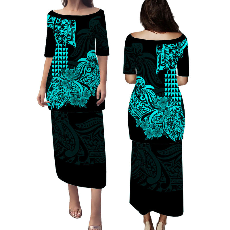 Hawaii Kakau Puletasi Dress Polynesian Floral Tribal Aqua Version LT9 Long Dress Aqua - Polynesian Pride