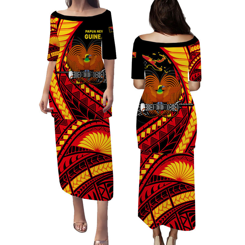 Papua New Guinea Puletasi Dress The Greater Bird of Paradise LT9 Long Dress Black - Polynesian Pride