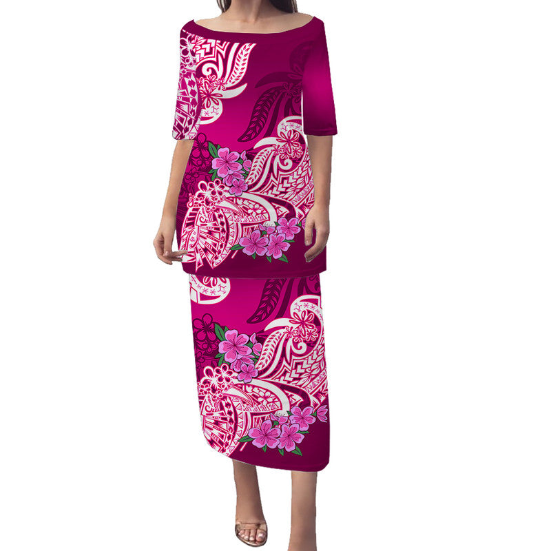 Polynesian Floral Tribal Puletasi Dress - Pink LT9 Long Dress Pink - Polynesian Pride