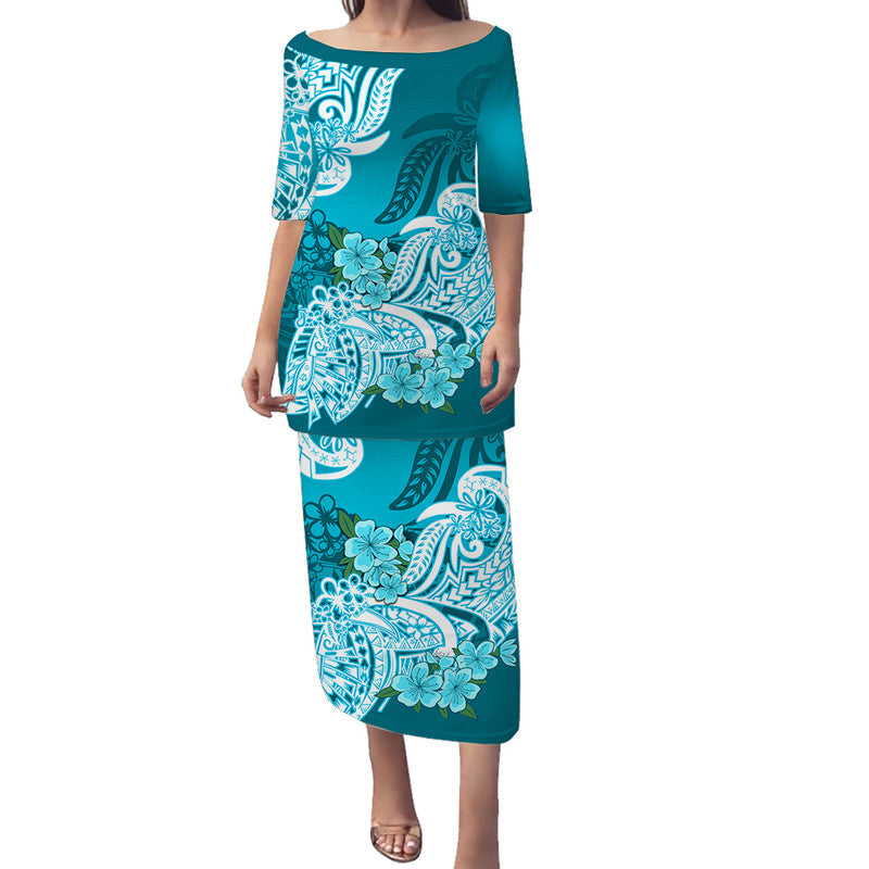 Polynesian Floral Tribal Puletasi Dress - Teal LT9 Long Dress Teal - Polynesian Pride