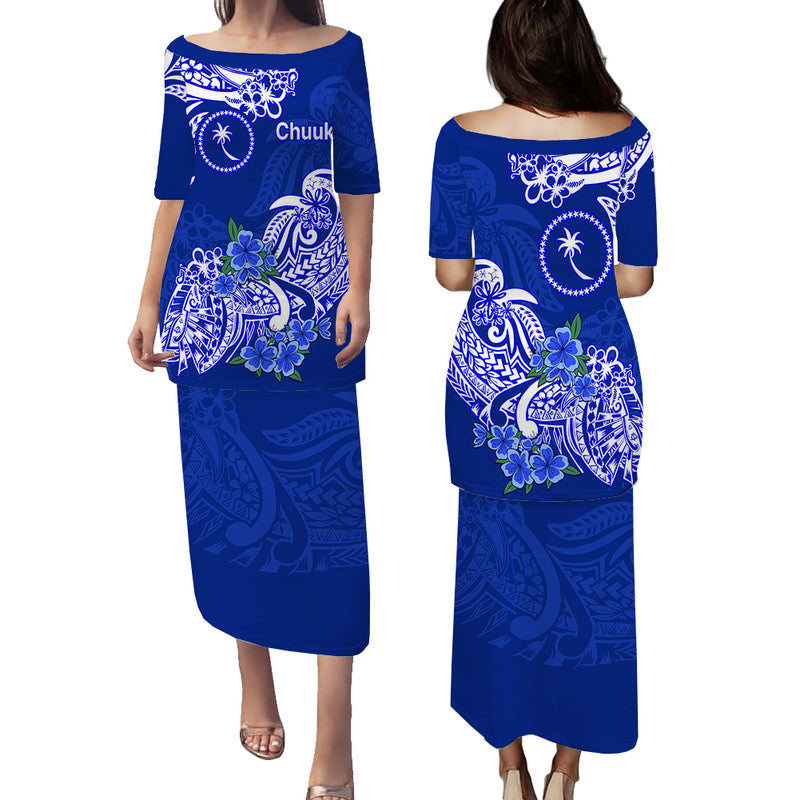 FSM Chuuk State Puletasi Dress Polynesian Floral Tribal LT9 Long Dress Blue - Polynesian Pride