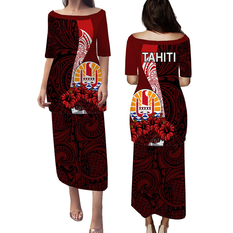 Tahiti Puletasi Dress Polynesian Coat Of Arm With Hibiscus LT9 Long Dress Red - Polynesian Pride